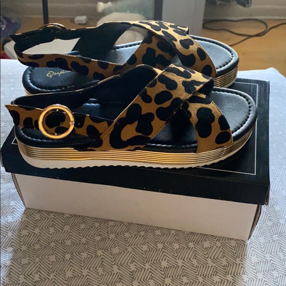 Qupid Leopard and Gold Flatform Sandals